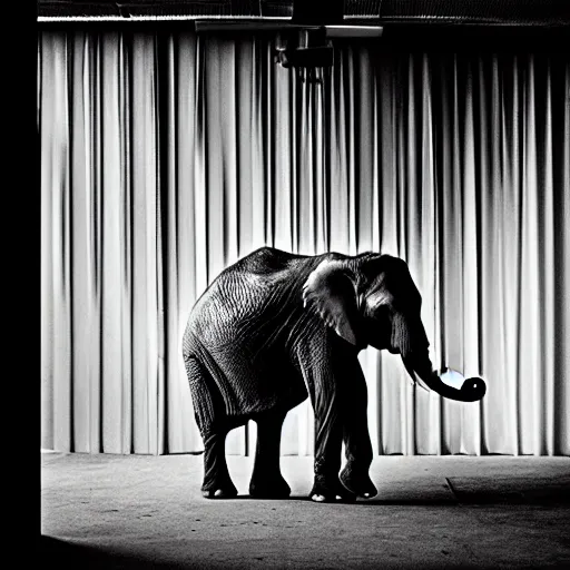 Prompt: photo of elephant staying in the empty office, black & white by annie leibovitz