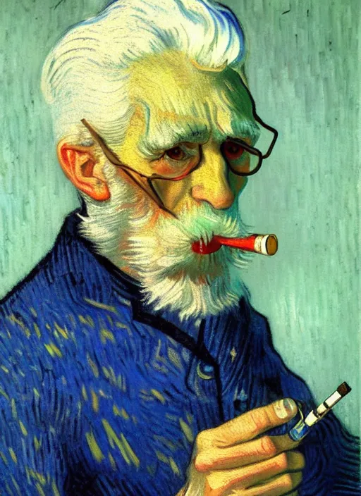 Prompt: portrait of a very old sailor with white hair smoking a pipe, detailed realism face in painting, detailed beautiful portrait, expressionist oil painting masterpiece, 8 k resolution, smooth, sharp focus, pastel color palette, trending on artstation, by van gogh