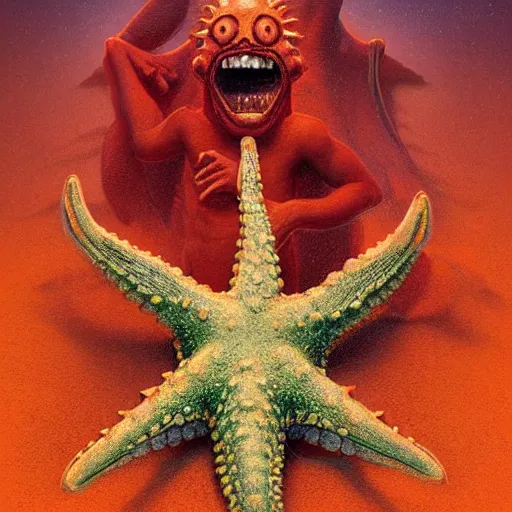 Prompt: Patrick Starfish with his tongue sticking out and a tab of lsd blotter on it, highly detailed, artstation, intricate, smooth, sharp focus, illustration, art by greg rutkowski and orientalism and bouguereau and Zdzislaw Beksinski, good clear quality, lighting, biology, symmetrical artwork, perfect face, 135 mm, cinematic, hyper realism, high detail, octane render, 8k, chrome accents