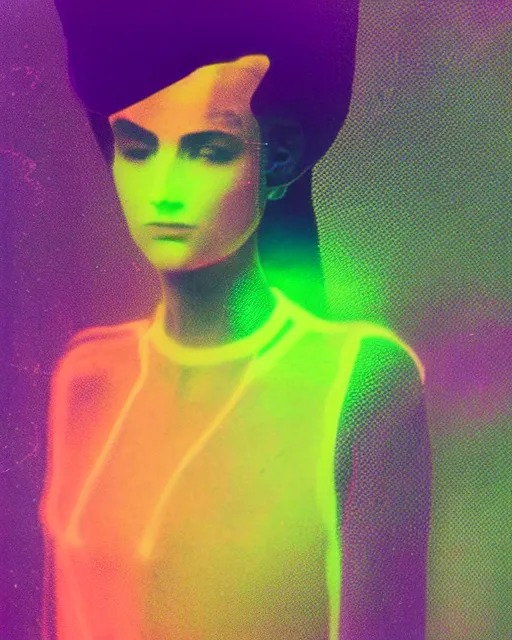 Prompt: futuristic woman's face, blank expression, violet and yellow and green lighting, polaroid photo, atmospheric, whimsical and psychedelic, grainy, expired film, super glitched, corrupted