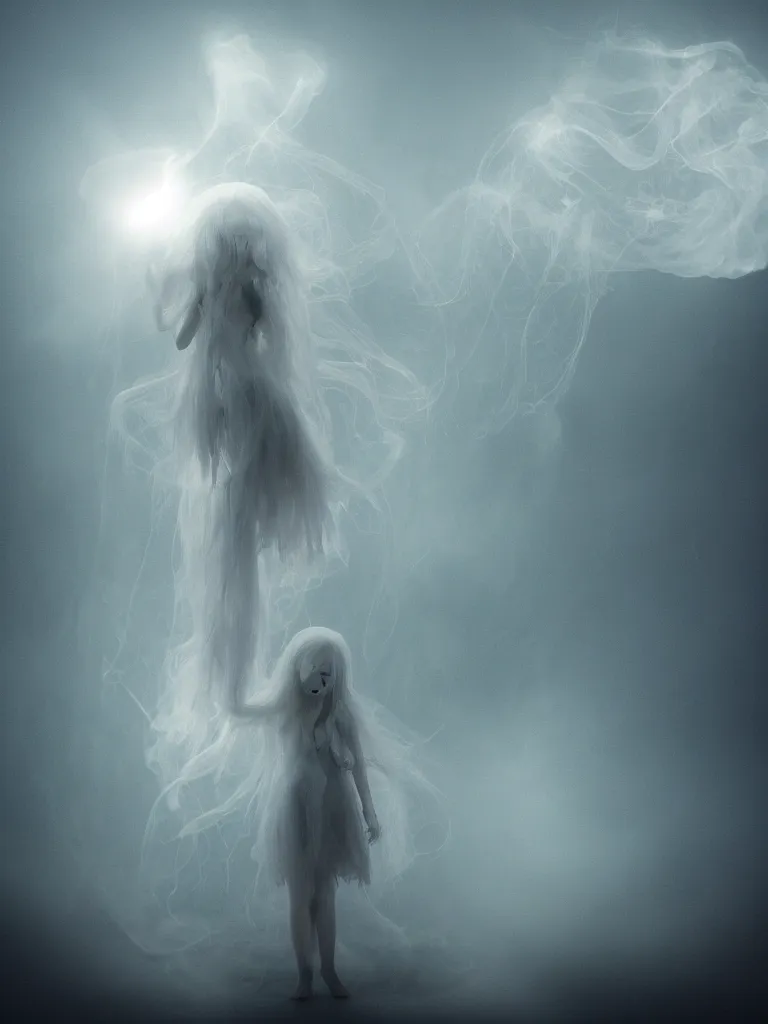 Image similar to cute fumo plush beautiful ectoplasmic gothic skeletal jellyfish ghost girl, glowing milky wisps of hazy smoke and volumetric fog on a stormy reflective river, lens flare, subsurface scattering, vignette, asymmetry, bokeh, refraction, vray