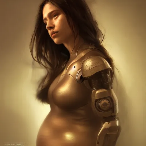 Image similar to pregnant female cyborg, cozy atmospheric and cinematic lighting, 8 k, highly detailed, realistic, refined, bautiful, fine art photography, hyper realistic, in the style of greg rutkowski, by artgerm, by gustave dore, by marco turini, photorealistic, elegant, sharp focus, majestic, award winning picture, intricate, artstation,