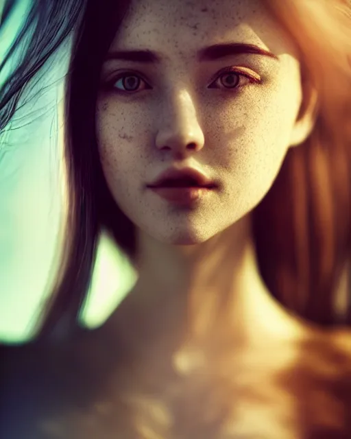 Prompt: photo half body portrait of woman in her 2 0 s, realism, extreme detail, real life skin, key art, soft light, volumetric light, 3 - d shadows, photo by ross tran, photoshoot