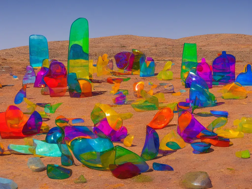 Prompt: a serene landscape of giatn, abstract, brightly - colored glass sculptures in the desert