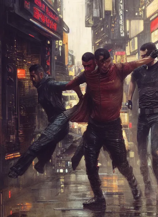 Prompt: blade runner fighting androids ( blade runner 2 0 4 9, cyberpunk 2 0 7 7 character design ). orientalist portrait by john william waterhouse and james gurney and theodore ralli and nasreddine dinet, oil on canvas. cinematic, hyper realism, realistic proportions, dramatic lighting, high detail 4 k