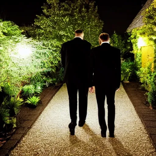 Prompt: A dark photo of two men in black suit in a garden at night walking towards a small wooden garden shed