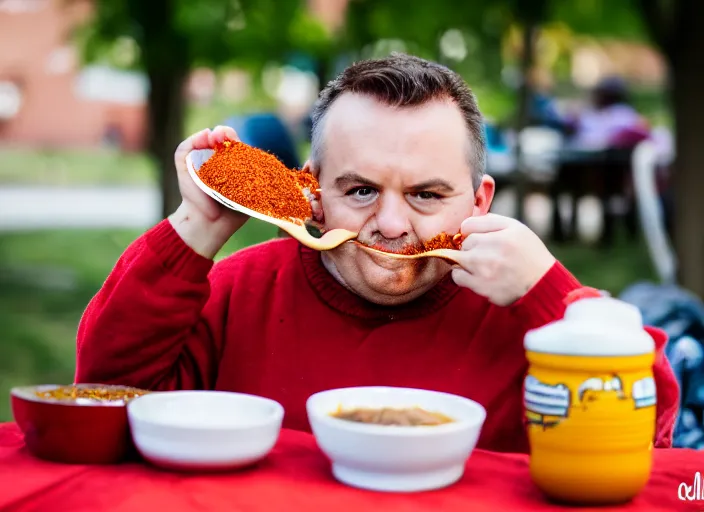 Prompt: photo of mr belvedere eating chili, 8 k, 8 5 mm f 5. 6