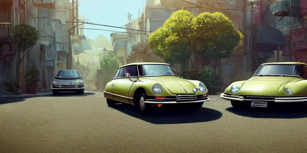 Image similar to a wholesome animation key shot of a focused 1974 citroen ds in the street, medium shot, studio Ghibli, Pixar and Disney animation, sharp, very detailed, high resolution, Rendered in Unreal Engine 5, anime key art by Greg Rutkowski, Bloom, dramatic lighting