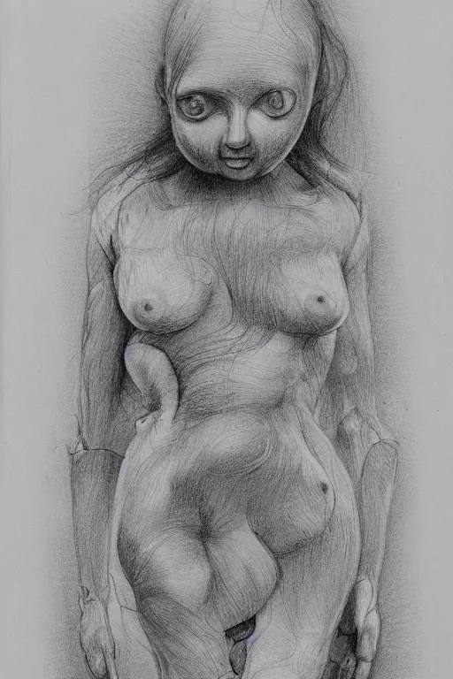 Image similar to highly detailed drawing of 2 dolls body and head mixed up by Hans Bellmer