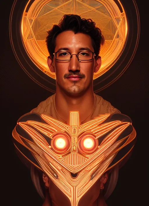 Image similar to symmetry portrait of markiplier, glowing lights, intricate, elegant, highly detailed, digital painting, artstation, concept art, smooth, sharp focus, illustration, art by artgerm and greg rutkowski and alphonse mucha