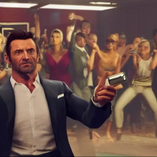 Image similar to action shot of hugh jackman in GTA V at the dance club taking selfies with friends and a pile of cash in the background, 8K, highly detailed, photo realistic