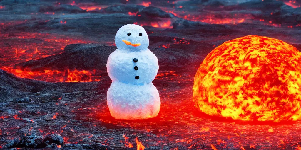 Image similar to a melted glowing snowman melting on top of the sun. the ground is made of fire and lava and is glowing orange. cinematic, dramatic, epic, volumetric lighting, atmospheric, red, orange extremely coherent, 8 k, space, warm, solar flare, blade runner 2 0 4 9