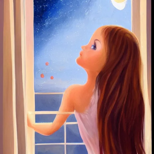 Prompt: painting of brunette girl looking out the window at the moon, love