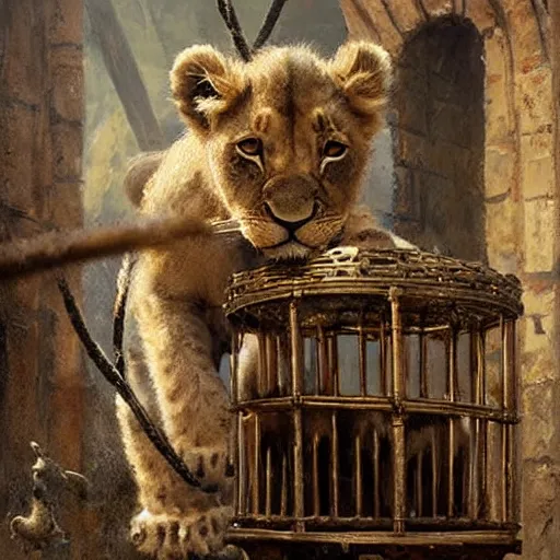 Image similar to cute lion cub with a scorpion tail in a cage on a medieval fantasy market, oil painting, by greg rutkowski