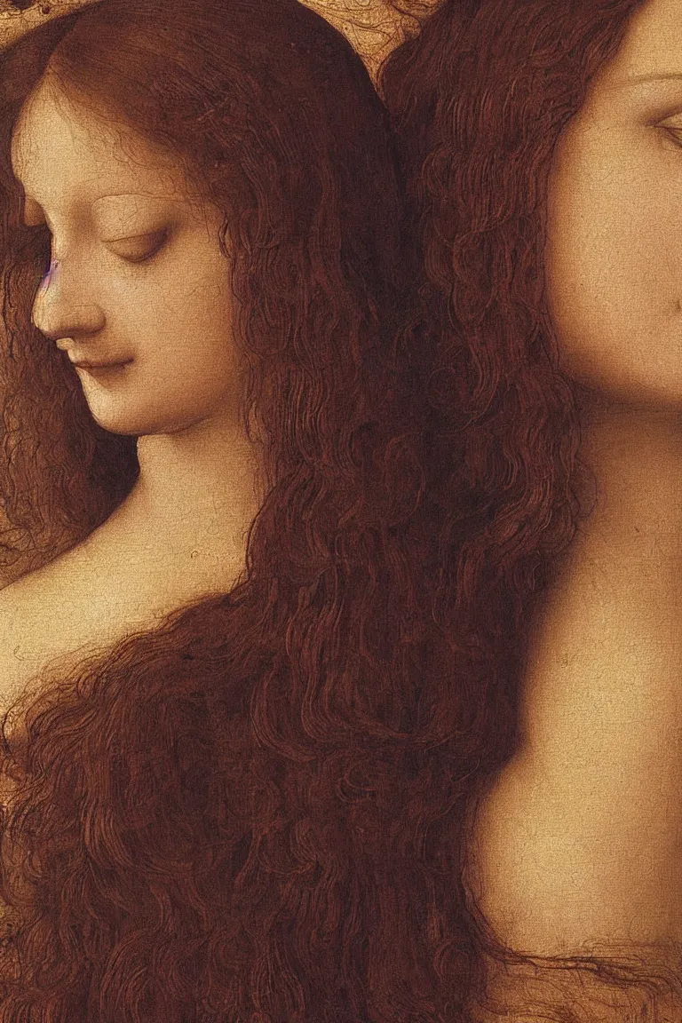 Prompt: a close up of a painting of a woman, a painting by leonardo da vinci, featured on deviantart, pre - raphaelitism, da vinci, fine art, pre - raphaelite