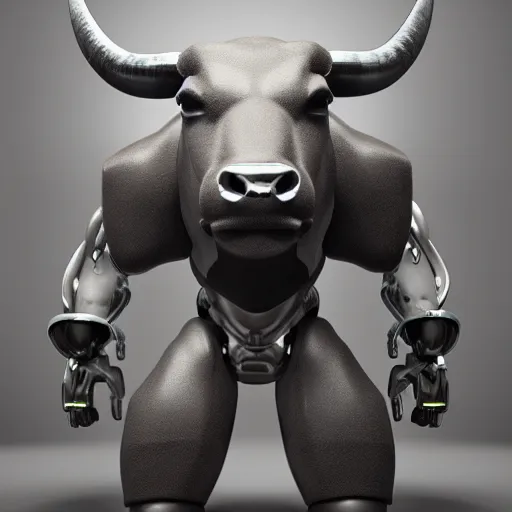 Prompt: a standing anthro bull android modeled after a bull made of hard rubber looking into the camera, android, cyborg, half body, intricate, 3 d, hyper realism, fantasy, depth of field, octane render, symmetrical, highly detailed, digital art, artstation, concept art, cinematic lighting, trending