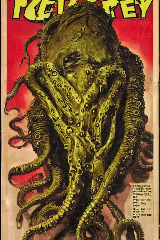 Prompt: photo of poor condition, torn, stained, vintage pulp scifi science fiction magazine cover showing upper body portrait of a monster with tentacles coming from its head, 4 k, high definition