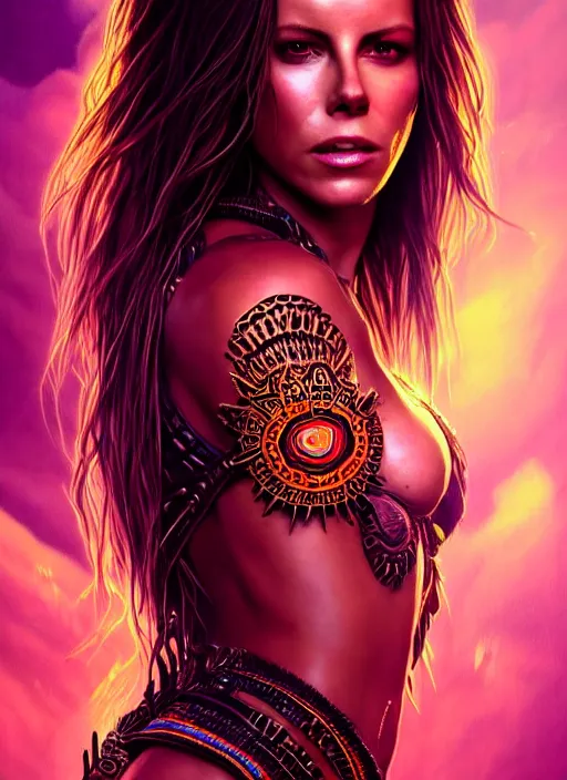 Image similar to portrait, hyper detailed ultra sharp aztec underworld warrior trance girl, breathtaking, kate beckinsale. trending on artstation, warpaint aesthetic, earthwave, colorful, neon, ornate, intricate, digital painting, concept art, smooth, sharp focus, illustration, art by artgerm and greg rutkowski and h. r. giger, 8 k