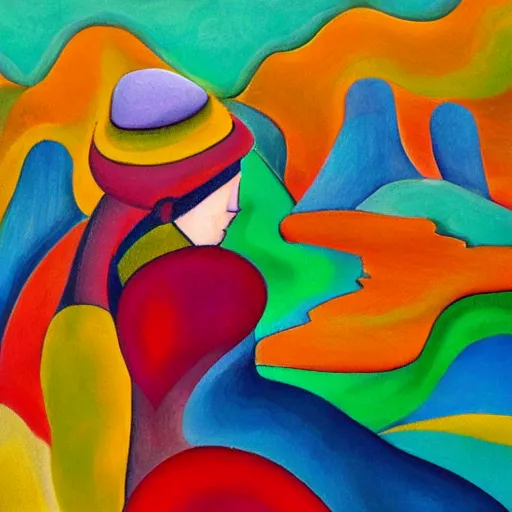 Prompt: woman watches the fast flowing river enter the sea and gathers the colors and dreams of her community, abstract art in the style of cubism and georgia o keefe,