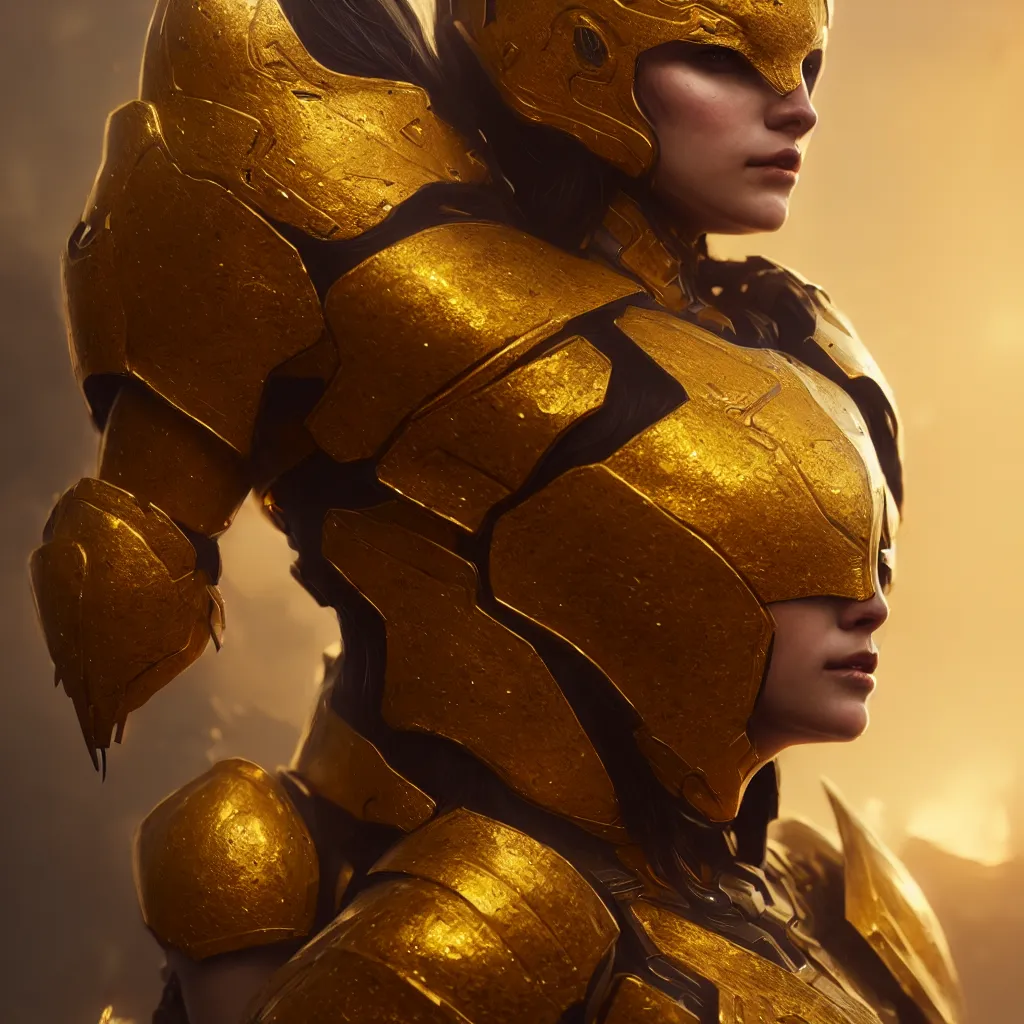 Image similar to hyper realistic and highly detailed woman golden armor, greg rutkowski, zabrocki, karlkka, jayison devadas, intricate, trending on artstation, 8 k, unreal engine 5, pincushion lens effect