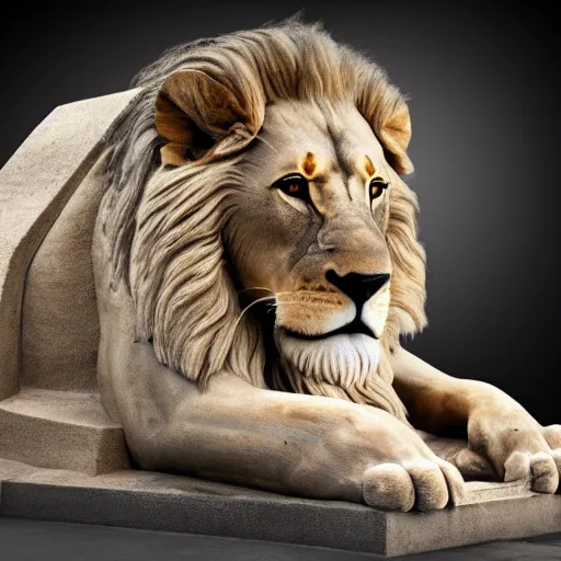 Prompt: Professional studio photograph of a real lion, posing in the same pose as the statue The Great Sphinx of Giza. Full body shot, studio lighting, neutral background, subject in sharp focus, great contrast, rich and saturated colors, high resolution (8k).