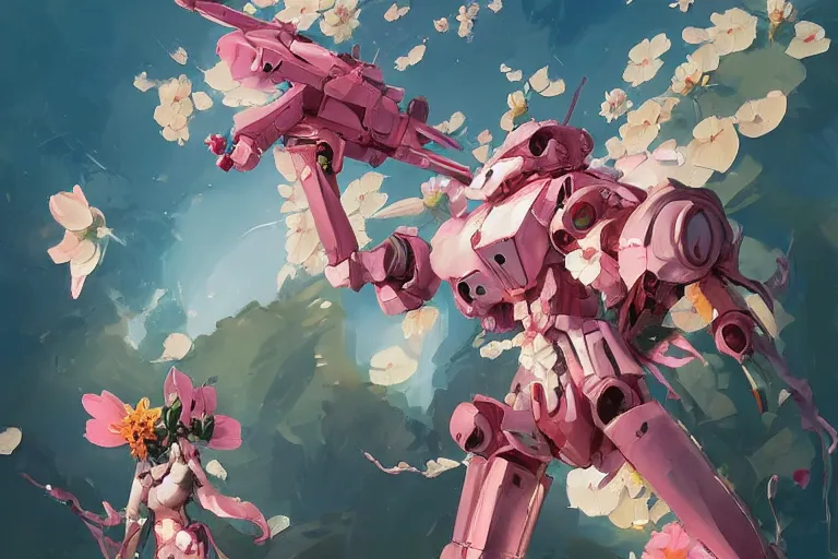 Image similar to flower headed combat mecha whose top half is shaped like a waterlily, bandai box art, behance hd artstation by jesper ejsing, rhads, makoto shinkai, lois van baarle, ilya kuvshinov, ossdraws, laurie greasley, victo ngai, andreas rocha, gundam box art