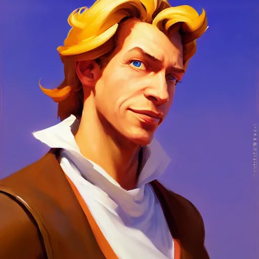 Image similar to Greg Manchess portrait painting o Guybrush Threepwood as Overwatch character, medium shot, asymmetrical, profile picture, Organic Painting, sunny day, Matte Painting, bold shapes, hard edges, street art, trending on artstation, by Huang Guangjian and Gil Elvgren and Sachin Teng