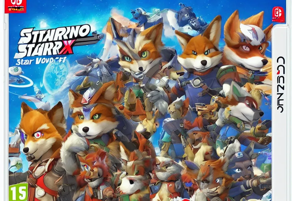 Image similar to nintendo switch box cover of a new starfox spinoff action game featuring anthro fursona furry wolf o'donnell and his space cadet crew, rated t for teen