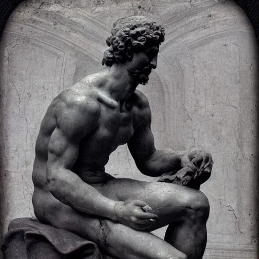 Image similar to “1800s era photograph of Michelangelo sculpting David, hyperrealistic, hd, faded, cracked, stained”