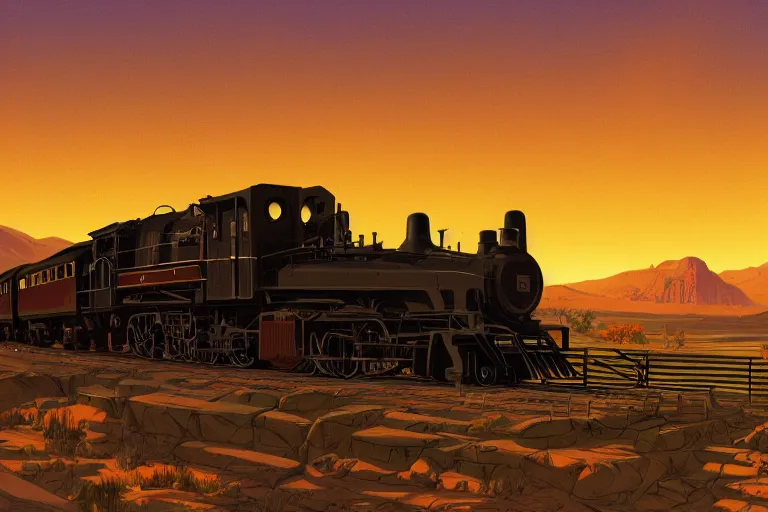 Image similar to idyllic old western train station illustration by syd mead, artstation, 4 k, graphic novel, concept art, matte painting, steam engine, beautiful mountain desert sunset background, golden hour