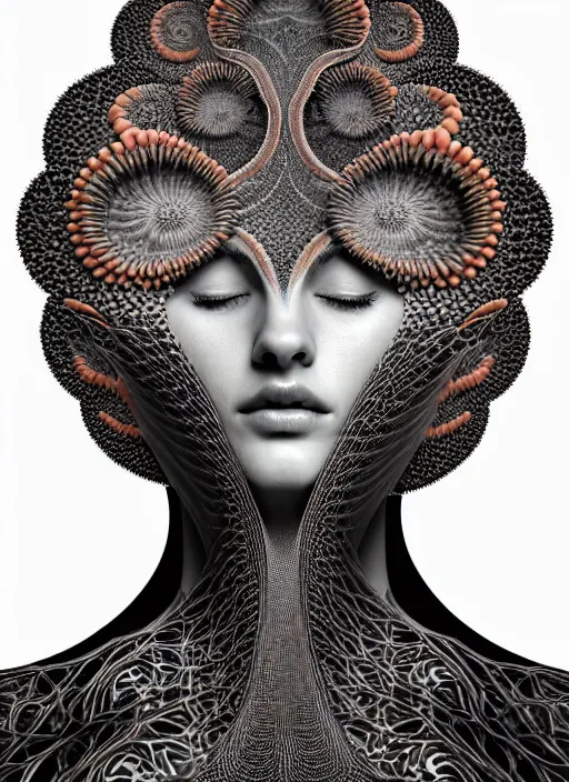 Prompt: ridiculously beautiful young womans face, radiating fractals of black snake skin, blooming, portals into dimensions, coral, birds, symmetrical, in the style of ernst haeckel, effervescent, sacred geometry, surrealism, photo realistic, epic and cinematic, 3 d, clear, sharp,