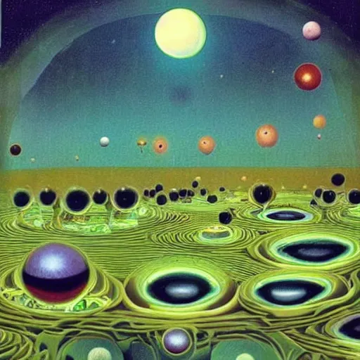 Prompt: 1960s photograph of an alien world with floating islands and beautiful gigantic plants with eyeballs, trippy, psychedelic, space art, galaxy nova