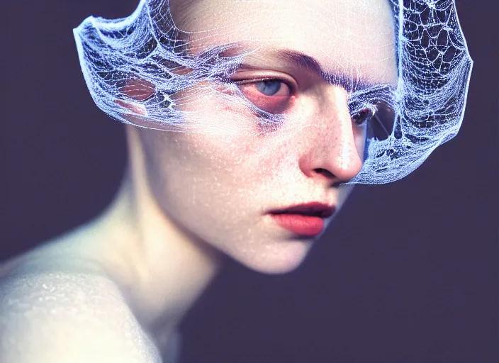 Image similar to Kodak Portra 400, 8K, soft light, volumetric lighting, highly detailed, britt marling style 3/4 , fine art portrait photography of a beautiful woman by Paolo Roversi, face and body merging with luminescent spiderwebs, symbolic metamorphosis complex 3d render , 150 mm lens, art nouveau fashion embroidered,bust with intricate details, elegant, hyper realistic, ultra detailed, octane render, underwater soft colours, emotionally evoking, head in focus, fantasy, elegant, soft blur background light, volumetric lighting, highly detailed, Refined, Highly Detailed, soft lighting colors scheme, fine art photography, Hyper realistic, photo realistic