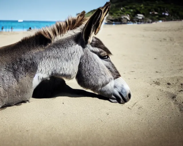 Image similar to realistic photo of a donkey sunbathing at the beach