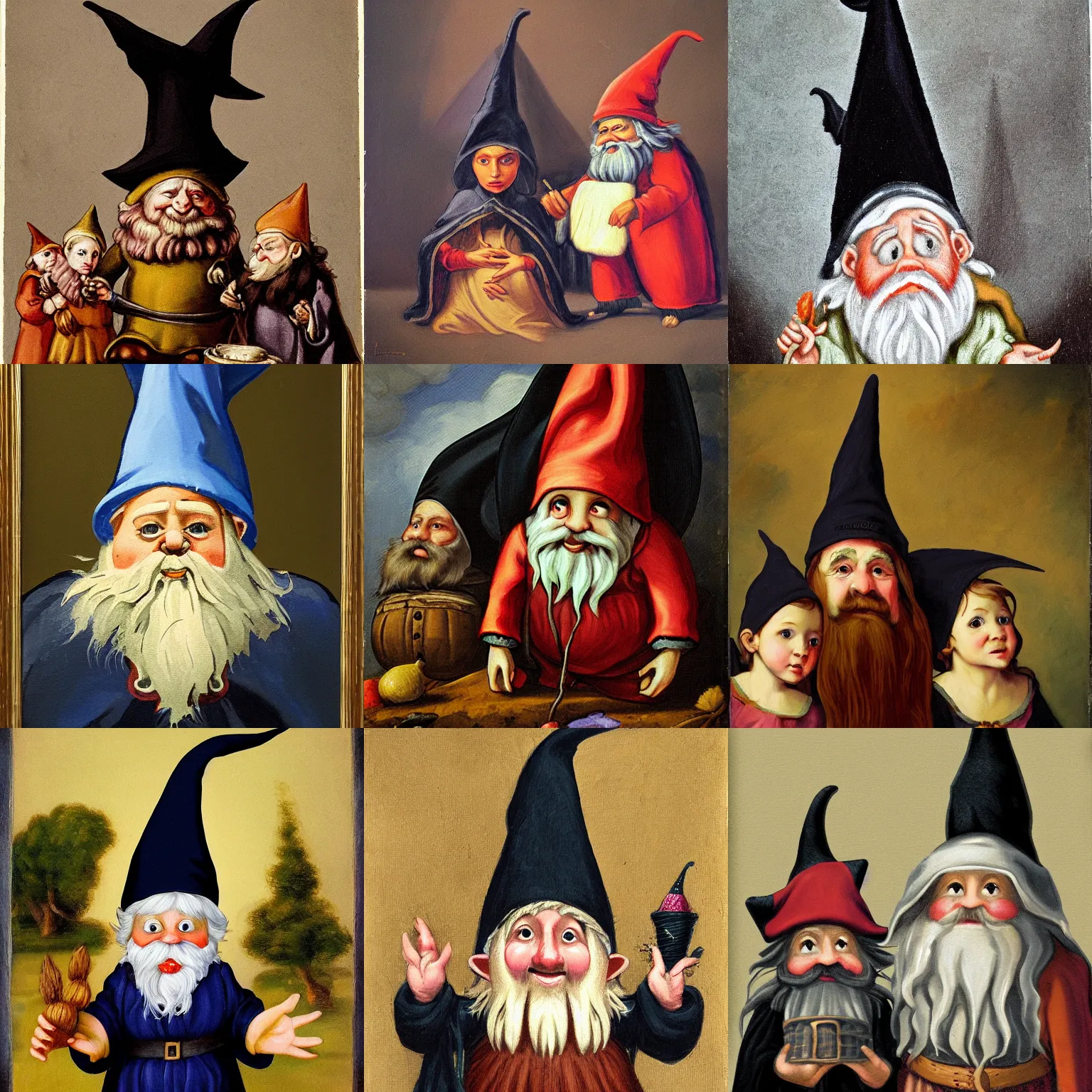 Prompt: gnome wearing witch hat and witch robes, baroque painting