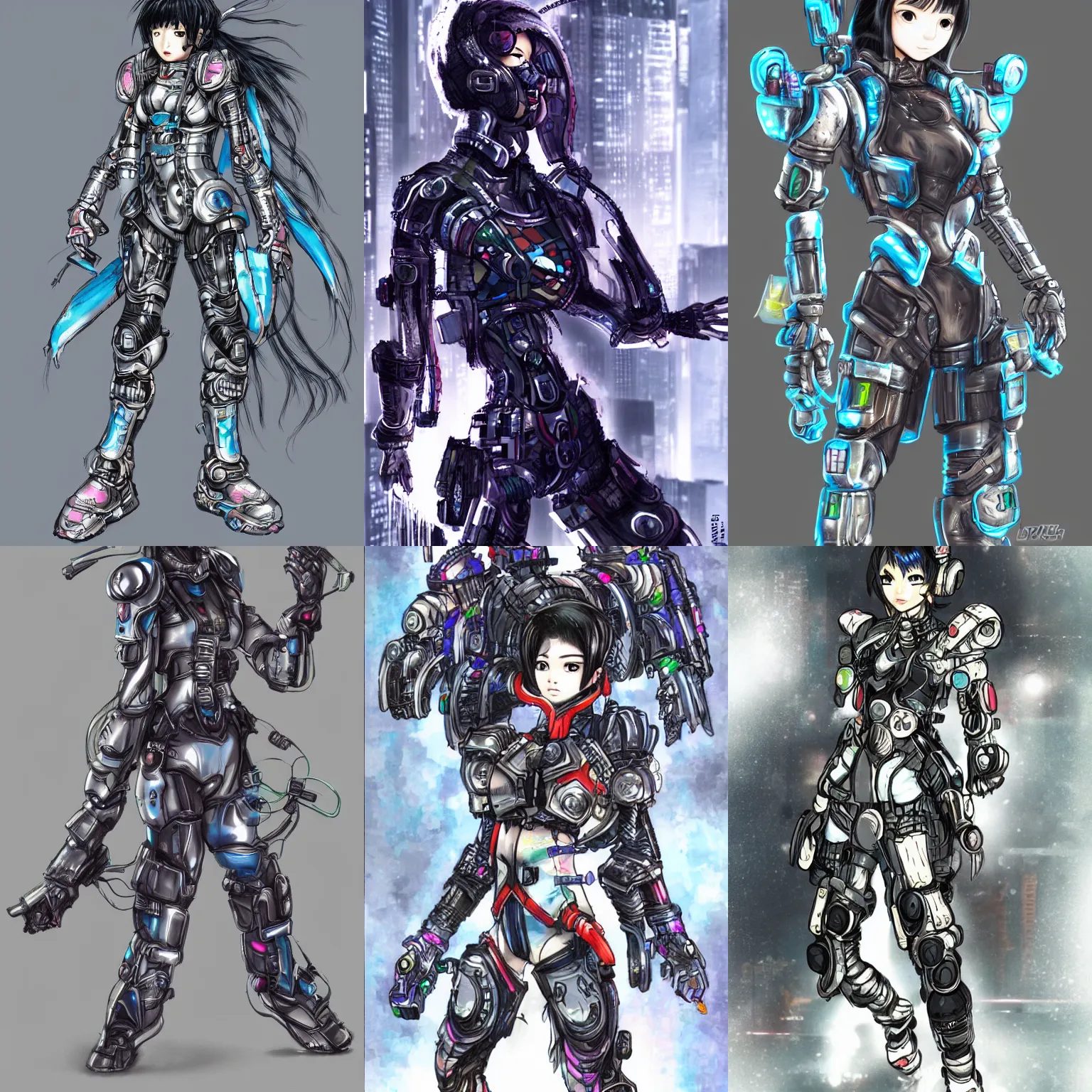 Prompt: an asian cyberpunk girl in tech armor in the style of Yoshitaka Amano