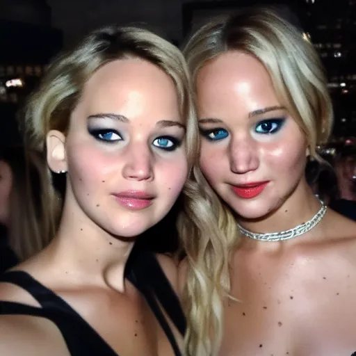 Image similar to Selfie photograph of Jennifer Lawrence and Jennifer Lawrence, golden hour, 8k,