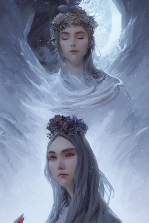 Image similar to goddess of the winter solstice, highly detailed, digital painting, artstation, concept art, smooth, sharp focus, elegant, illustration, unreal engine 5, 8 k, art by artgerm and greg rutkowski and edgar maxence