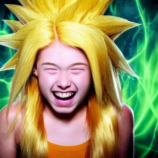 Image similar to teenage girl becomes the legendary super saiyan, wild glowing hair, 2 0 0 7 hd photograph