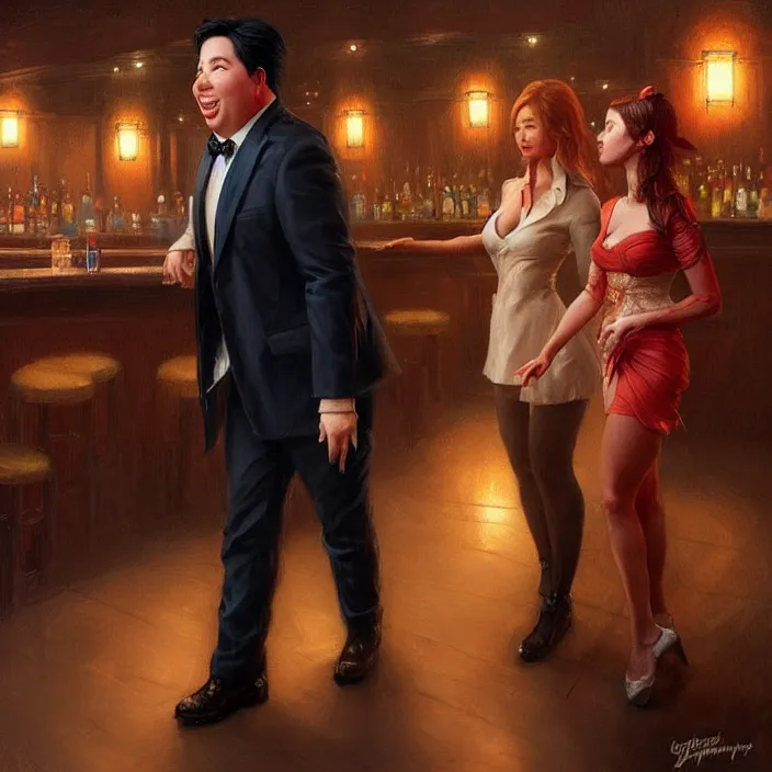 Image similar to michael mcintyre leaving a bar with with a singing waitress, elegant, real life skin, intricate artwork, high detailed, artstation, concept art, smooth, sharp focus, art by artgerm and greg rutkowski