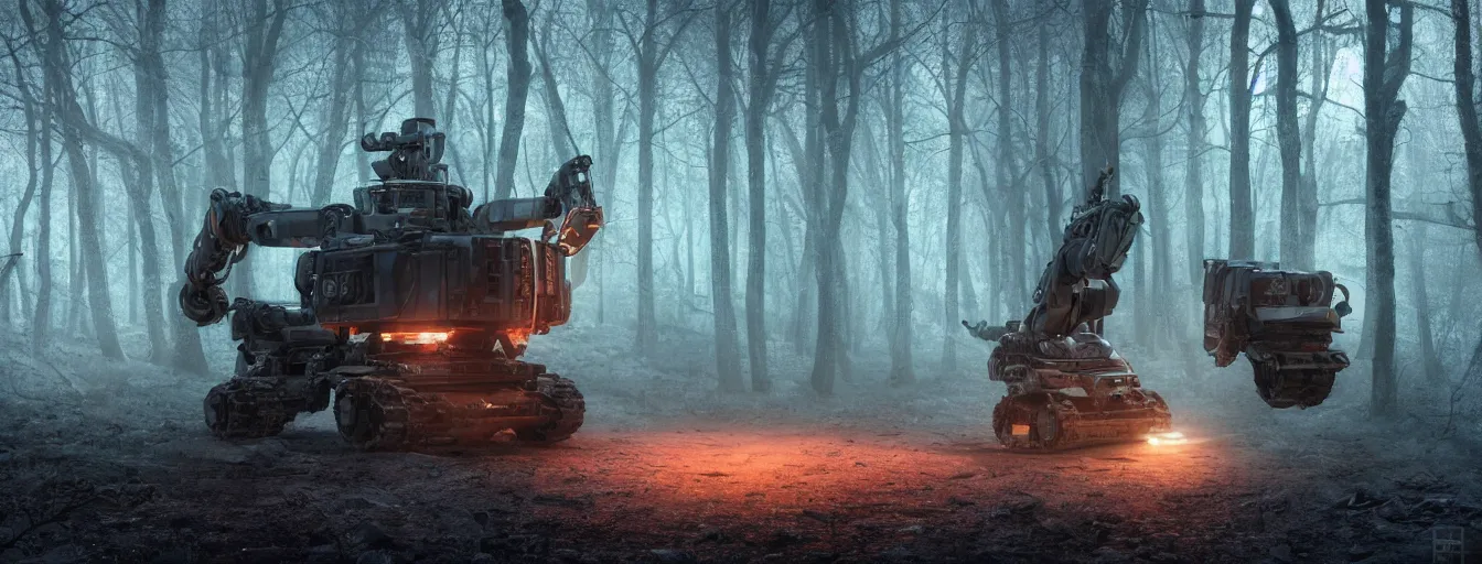 Prompt: detail view on heavy army robot hunting remaining human in dark foggy old forest in the night, postapo, dystopia style, heavy rain, reflections, high detail, horror dramatic moment, motion blur, dense ground fog, dark atmosphere, saturated colors, by darek zabrocki, render in unreal engine - h 7 0 4