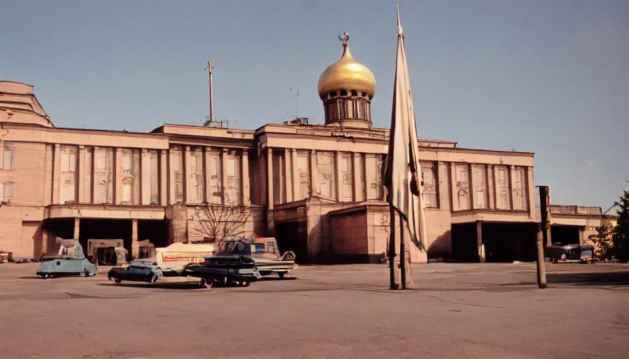 Prompt: 60s movie still of a sovietic museum stalinist style, cinestill 800t 10mm eastmancolor, liminal Space style, heavy grain, heavy artefact, high quality, high details, panoramic