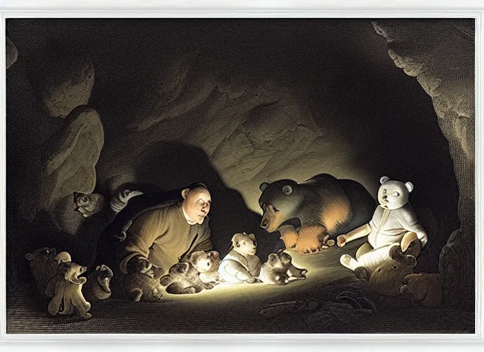 Image similar to Pieter Claesz's 'bear and her cubs sleeping in a dark cave lit by campfire', night time, cross hatching, framed