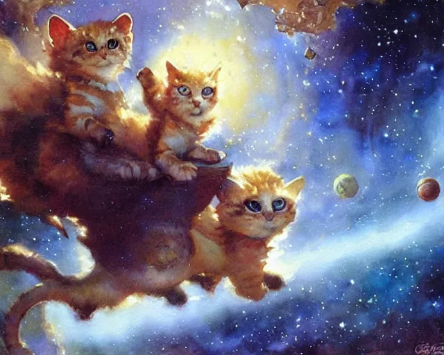 Prompt: cute space kittens, watercolor painting by gaston bussiere, craig mullins, j. c. leyendecker