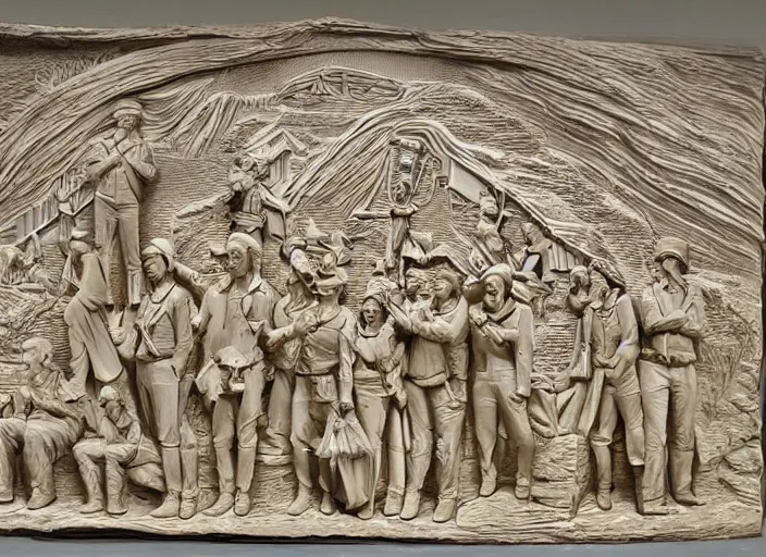 Image similar to intricate bas relief sculpture of mormon pioneers