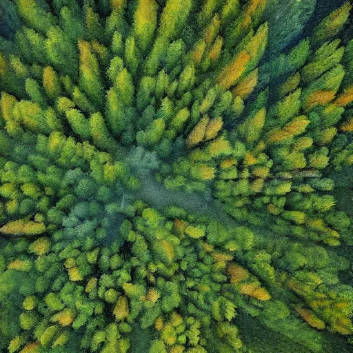 Prompt: a birds eye view of a digital painting of a thick forest by Michael Menzel