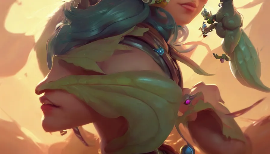 Image similar to portrait of a cute caterpillar, league of legends champion splash art, photorealistic facial features, right side composition, art by pete mohrbacher and guweiz and ilya kuvshinov, highly detailed, intricate, sharp focus, unreal engine 5, 4 k uhd