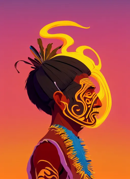 Prompt: full body side profile painted cartoony portrait, indigenous ecuadorian tsachila man, d & d, gloomhaven, matte painting concept art, art nouveau, beautifully backlit, swirly vibrant color lines, fantastically gaudy, aesthetic octane render, 8 k hd resolution, by ilya kuvshinov and cushart krentz and gilleard james