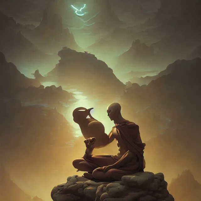 Image similar to in the style of peter mohrbacher, a glowing monk floating and meditating on a rock, dystopian landscape, intricate, masterpiece, award winning, fantasy, hyperrealism intricate