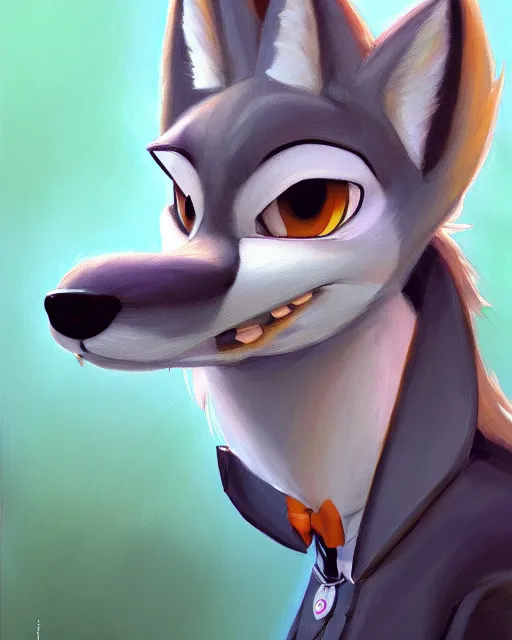 Image similar to oil painting of anthromorphic female wolf, in style of zootopia, zootopia, zootopia, fursona, furry, furaffinity, 4 k, deviantart, furry art, fursona art, wearing black business suit, business suit, in style of zootopia, wolf fursona, cyberpunk, female, expressive detailed feminine face,
